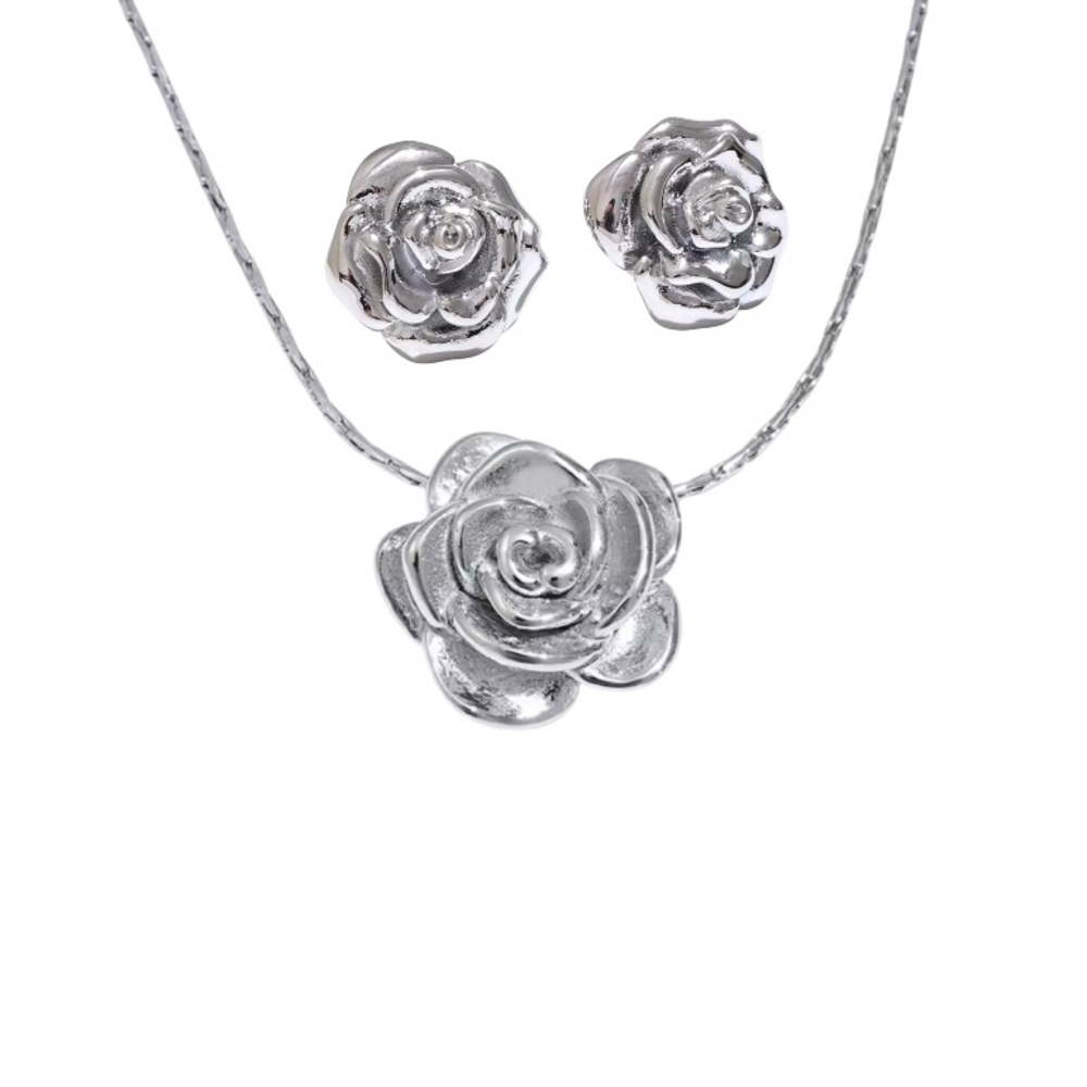 Rose Necklace and Earring Set Stainless Steel